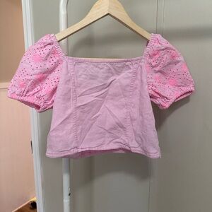Old Navy Pink Linen Cropped Top with Puff Sleeves size large (10-12) girls